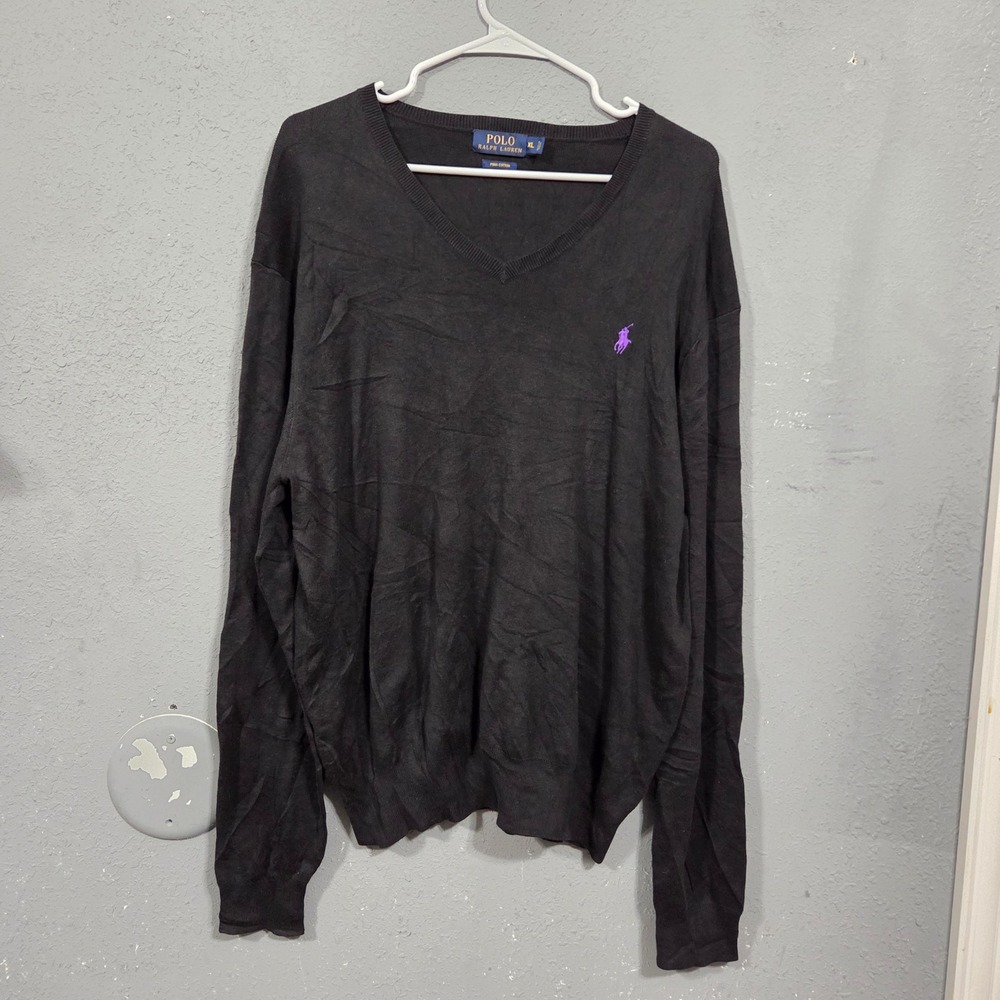 Polo Ralph Lauren Mens Black Pima Cotton V Neck Sweater XL Purple Pony Logo